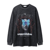 Men Long Sleeve T Shirt Dark Character Print Punk & Rock Washed and Worn